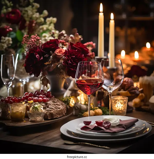 A Beautifully Set Table with Wine, Flowers, and Candles