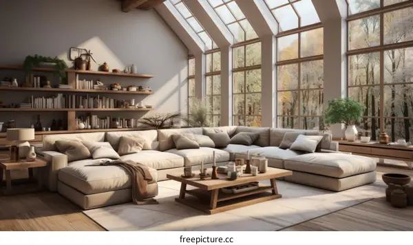 A comfortable living room with a large sectional sofa, coffee table, and natural light