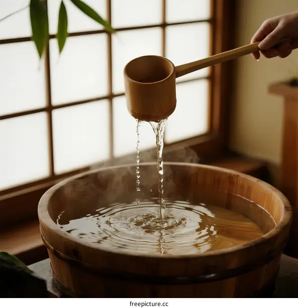 Hot water pouring into wooden tub creating steam in traditional room