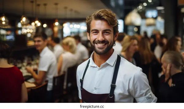 Portrait of a Smiling Male Chef in a Busy Restaurant
