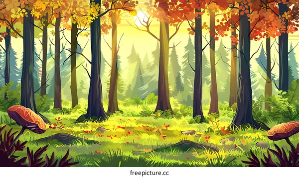 Forest Illustration With Sunlight Shining Through The Trees