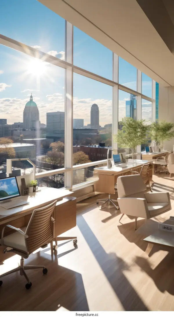 Modern office space with large windows and a view of the city