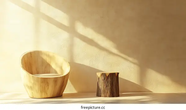 Wooden Chair and Stump Against a Beige Wall