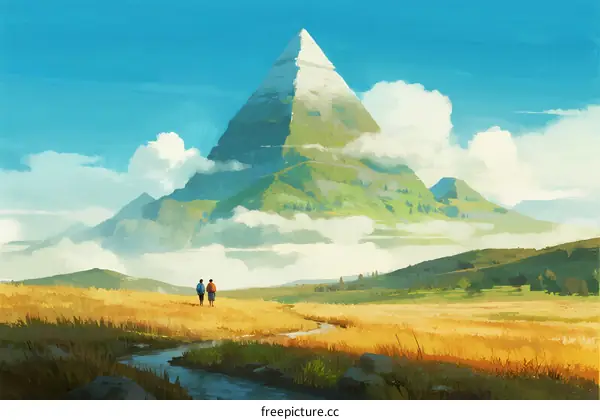 A Majestic Pyramid Mountain with Two Hikers in Vast Grassland