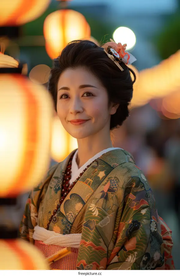 A Japanese woman wearing a kimono smiles at the camera.