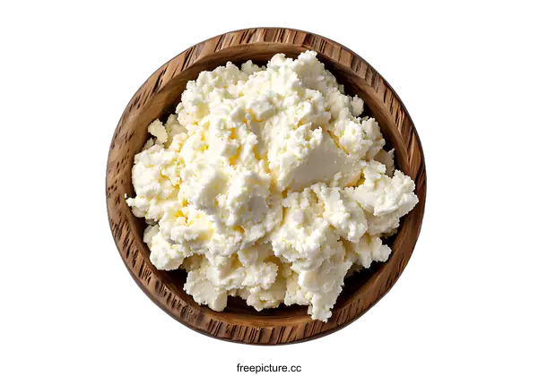 [Transparent Background PNG]Top view of fresh organic cottage cheese in wooden bowl