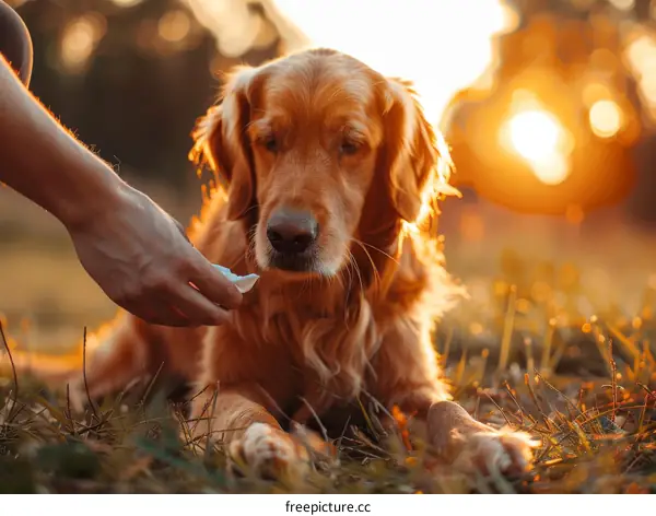 Golden Retriever Dog Lying in the Grass at Sunset
