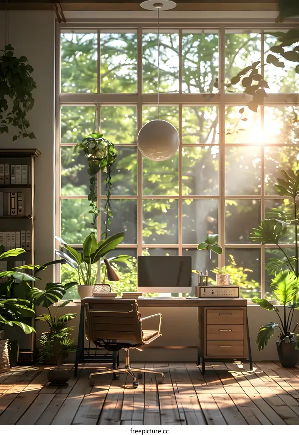 A man is sitting at a desk in a sunny office surrounded by plants