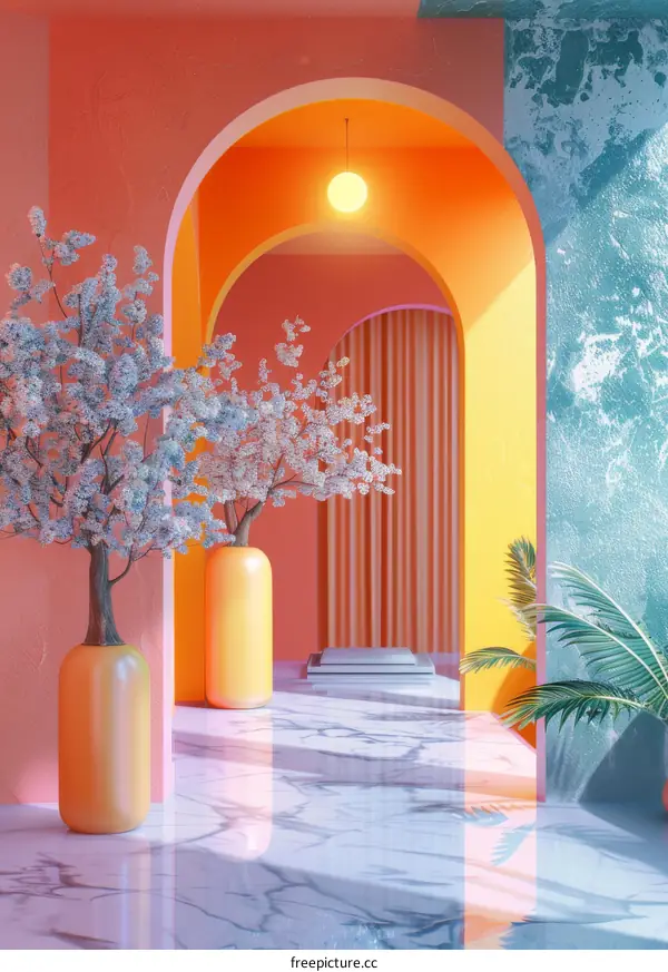 Vibrant Interior Design with Arches and Flowers