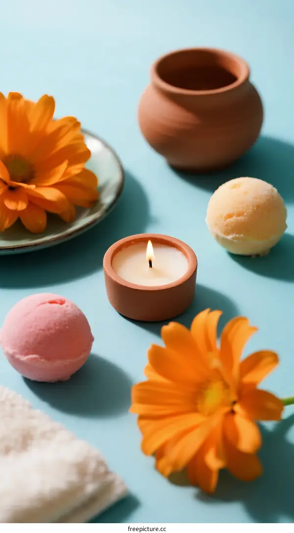 Aromatherapy Scene with Flowers, Candles and Bath Bombs