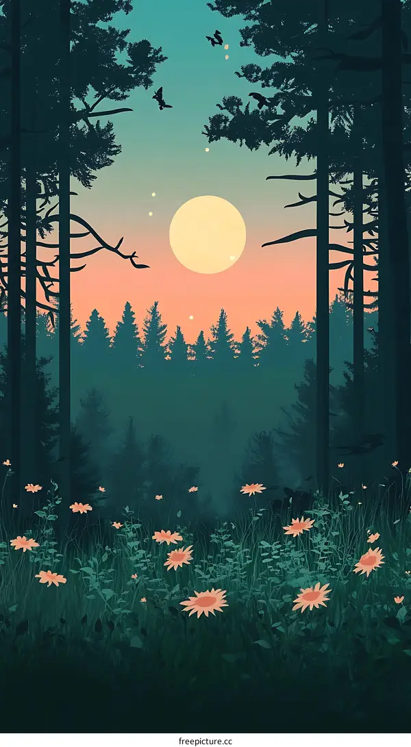 Forest Sunset with Full Moon and Flowers