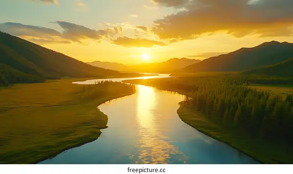 Golden Sunset over a Winding River Valley