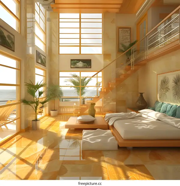 Luxurious bedroom interior with ocean view