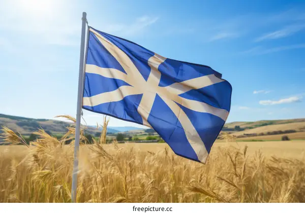 The Saltire Scotland Flag Blowing in the Wind Over a Field of Wheat