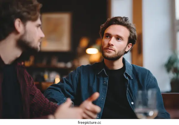 Two Caucasian Men Having a Conversation in a Cafe