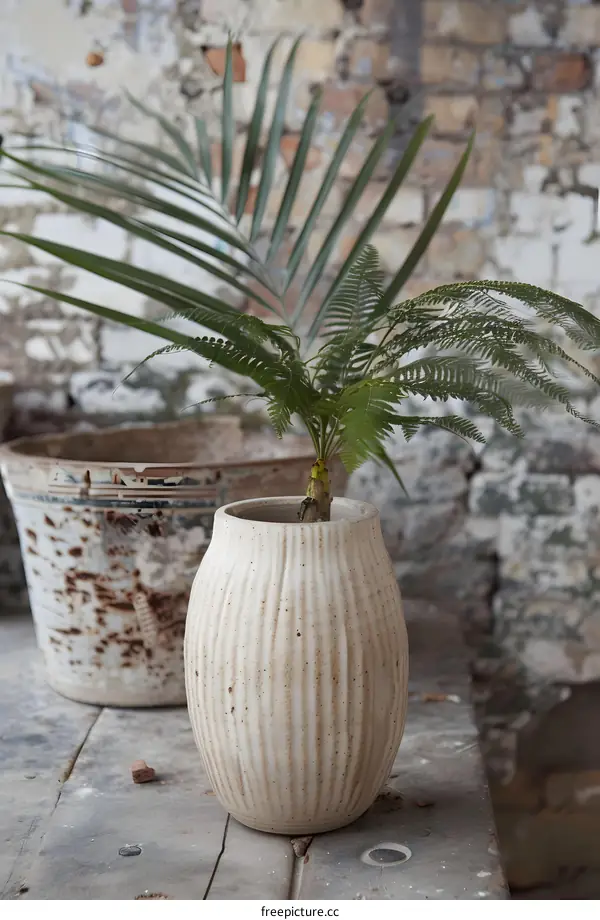 Green Plant in a Ceramic Vase on a Wooden Table