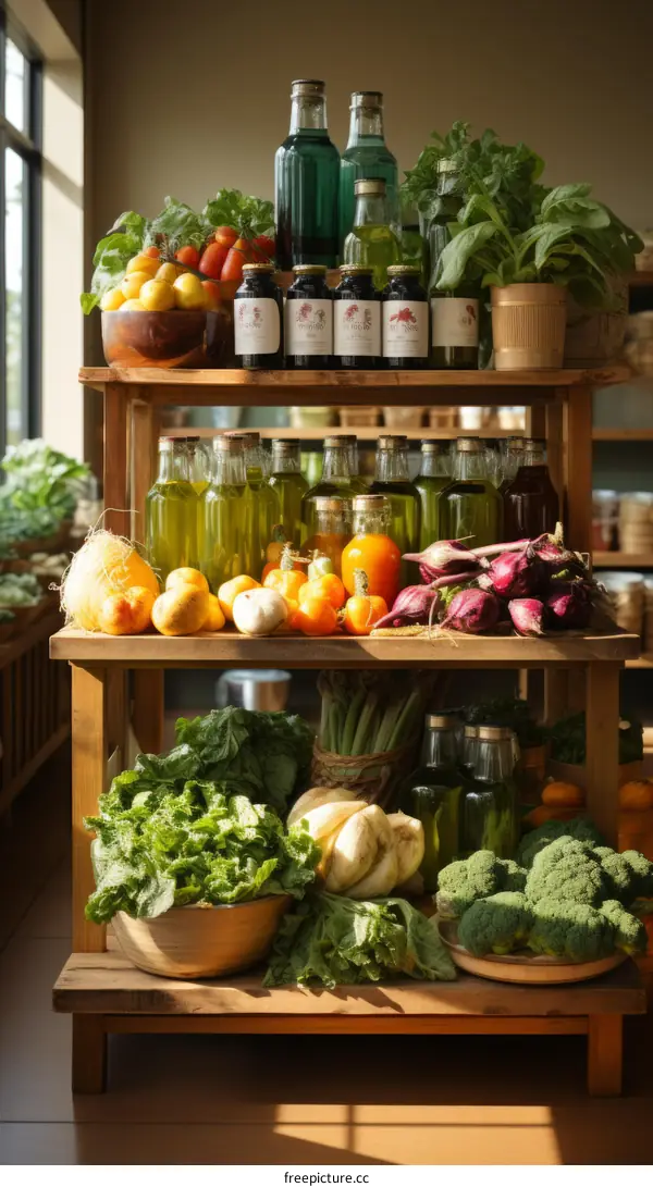 Bottles and bowls of various organic vegetables and fruits on wooden shelves in a grocery store