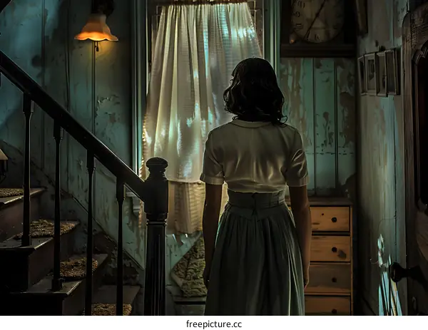 a woman standing in a dark room looking out the window