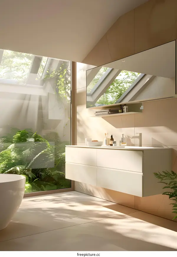 Modern Bathroom With Large Window And Minimalist Design
