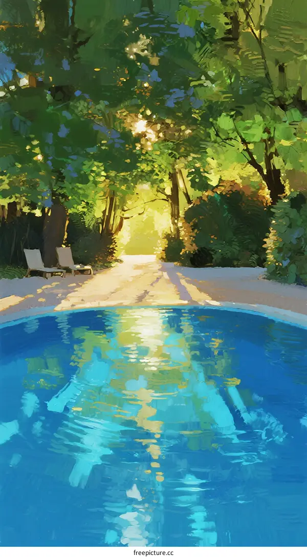 Sunlit Swimming Pool Surrounded by Lush Green Trees