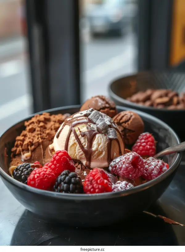 Ice cream with raspberries and chocolate