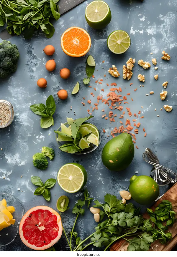 Fresh Produce Still Life Flatlay with Citrus Fruits, Greens and Herbs