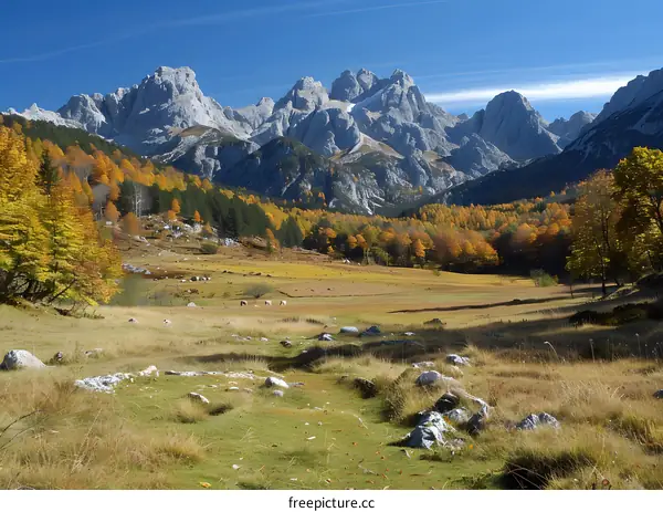 Autumn Landscape with Mountain Peaks in the Background