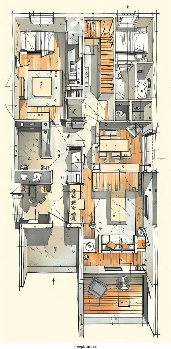 Hand Drawn Watercolor Illustration Of House Floor Plan