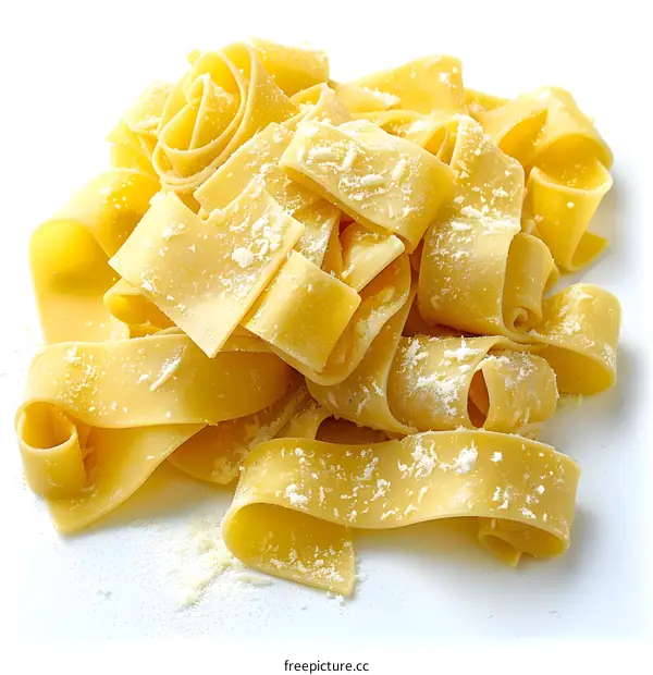 Fresh pasta with flour on white background