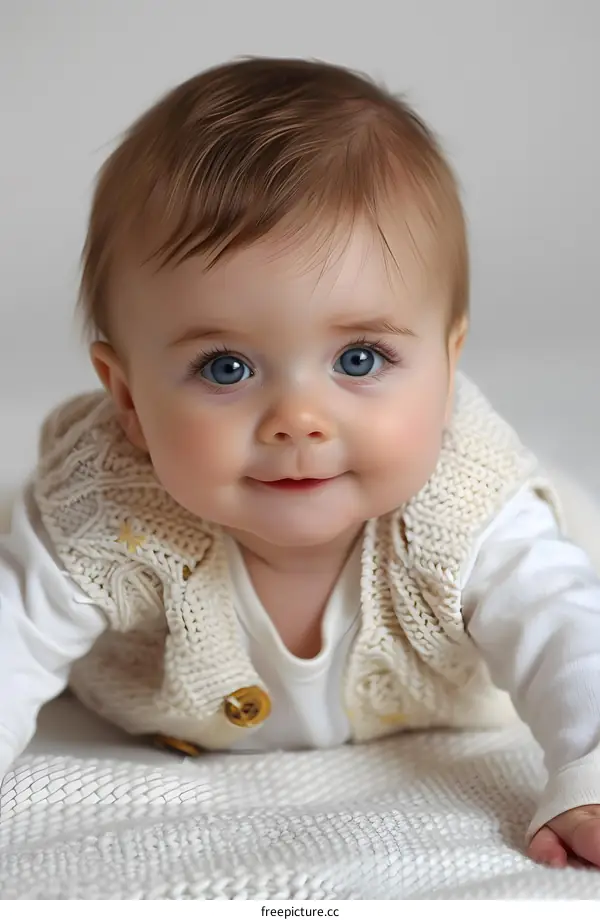 An adorable baby girl with blue eyes is crawling on a white blanket