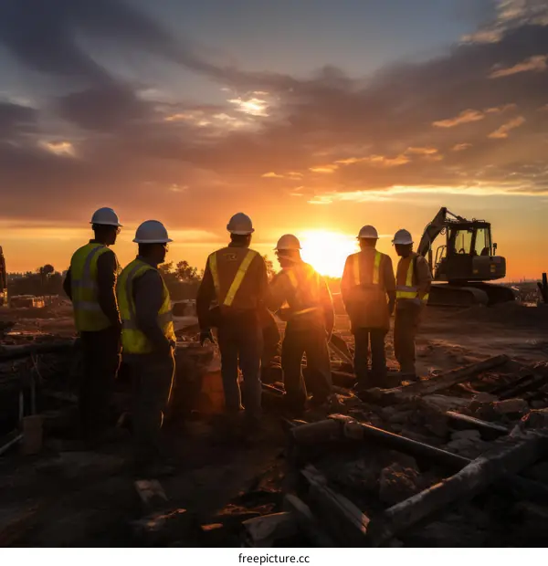 Construction workers at sunset