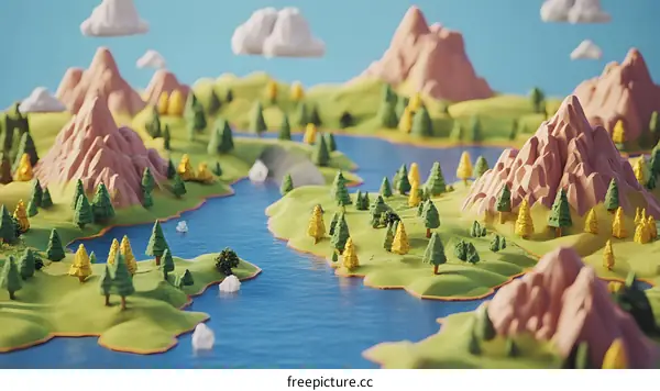 Low Poly Mountains and Lake Landscape