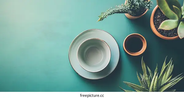 Green Tabletop Still Life with Plants and Dishes