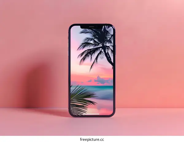 Pink Background with a Phone Showing a Sunset Beach