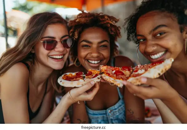 Three young multiethnic women eating pizza together
