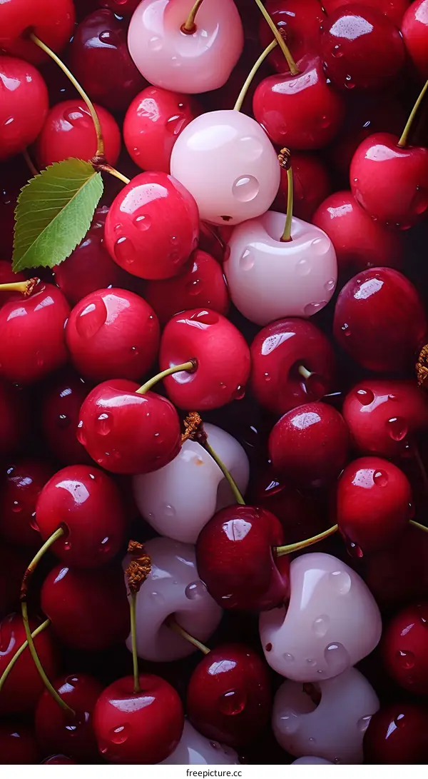 Close-up of a bunch of red and white cherries with water droplets