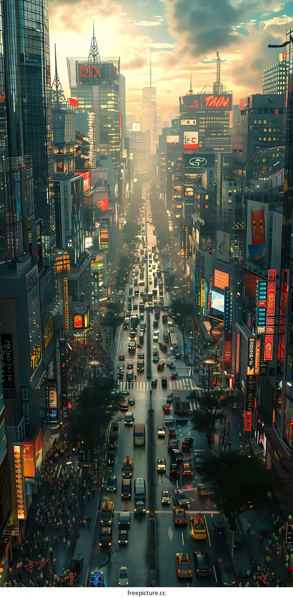 A crowded city street with cars and people