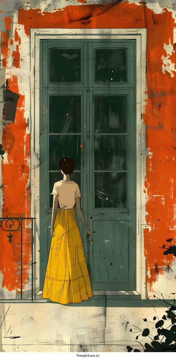 Woman in Yellow Skirt Standing by Door