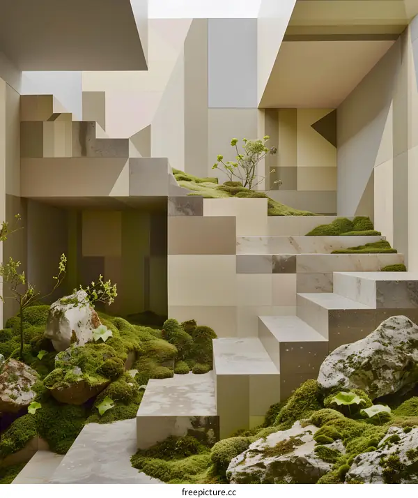 Modern Minimalist Garden with Steps and Moss