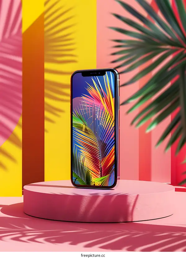 Phone with Tropical Palm Leaf Background on Pink and Yellow Platform