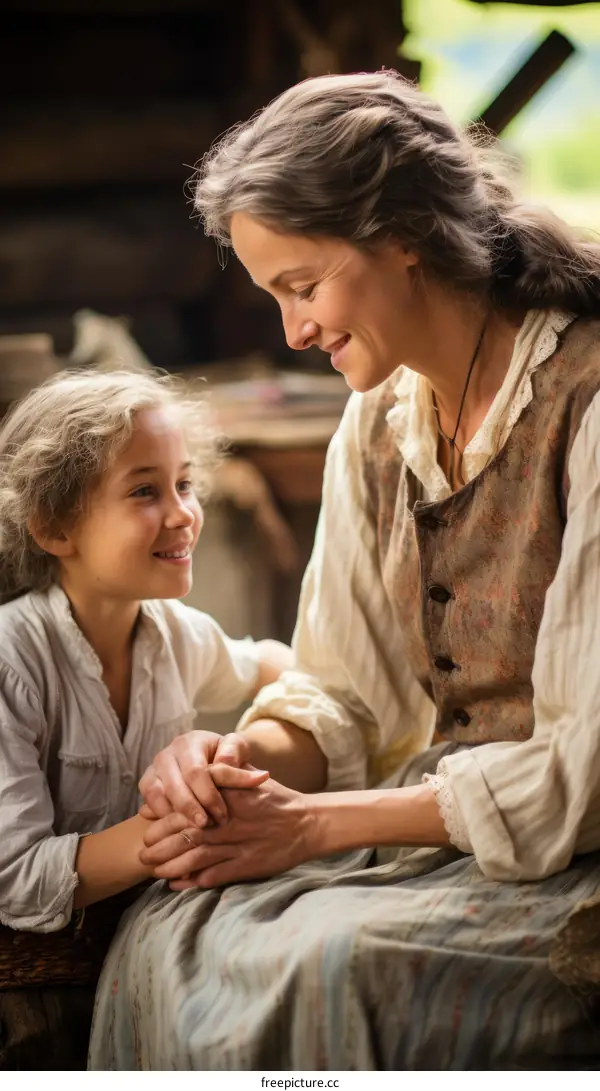 Mother and daughter in traditional clothes are smiling at each other