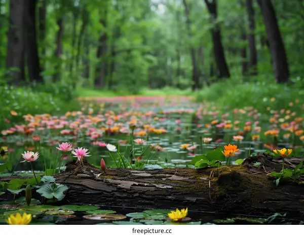Tranquil Oasis of Colorful Water Lilies in a Serene Forest Pond