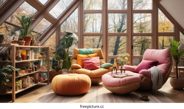 Cozy Bohemian Living Room with a Large Window and a Comfortable Chair