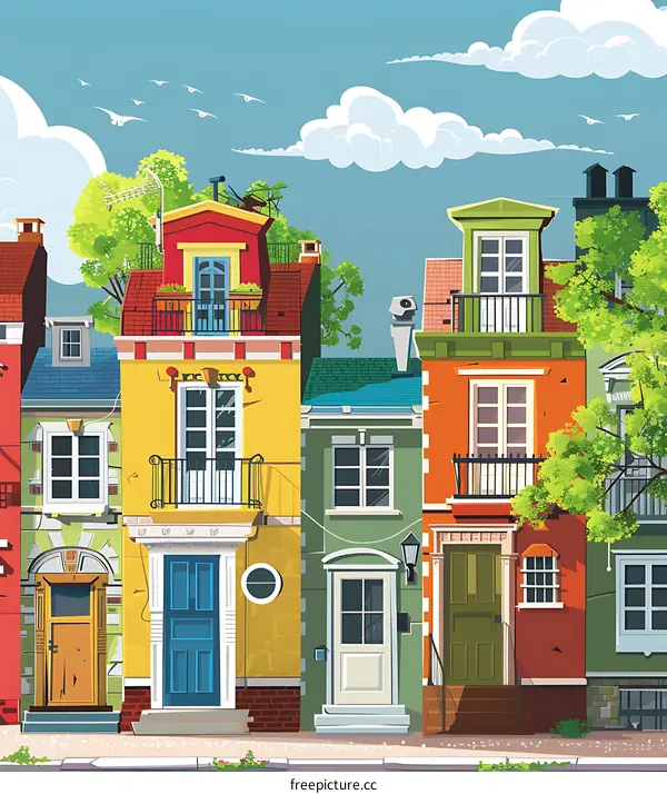 Colorful Houses in a Row with Green Trees