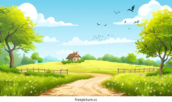 Countryside Landscape With House and Birds