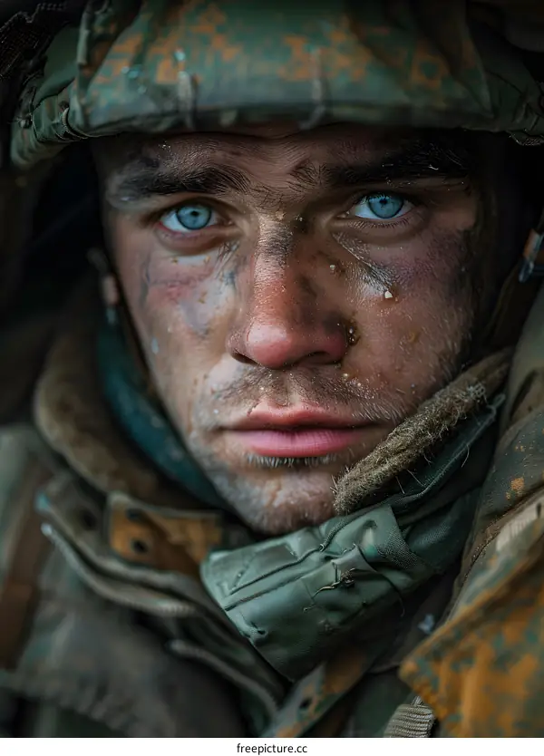 Portrait of a young soldier with blue eyes and a dirty face