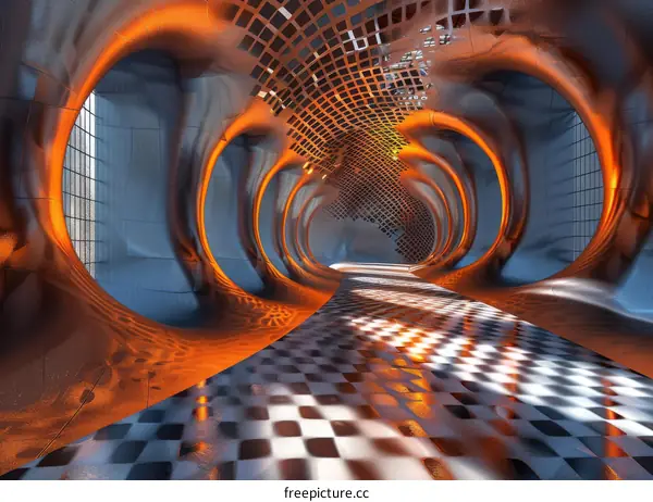 Glowing Orange Tunnel with Checkered Floor