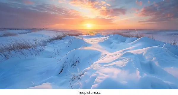 Winter Sunrise Over Snow Covered Beach