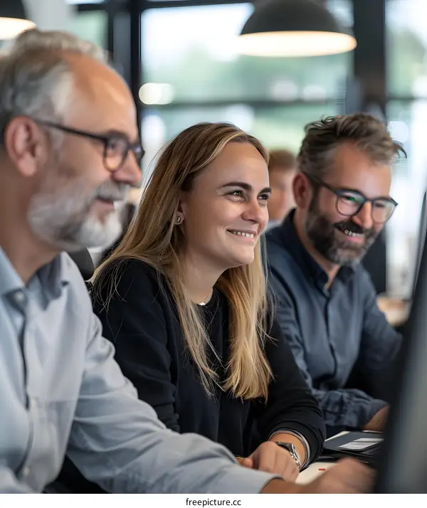 Three people are sitting in an office and looking at something.