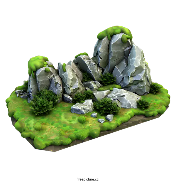 [Transparent Background PNG]Cartoon 3D Rock Formation With Green Moss